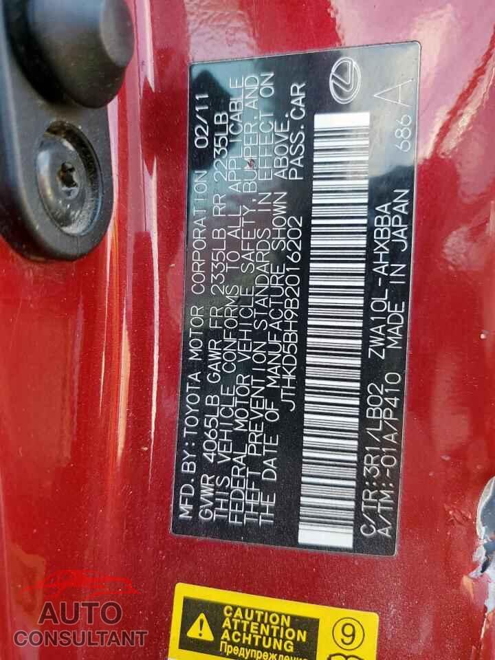 LEXUS CT 200 2011 - JTHKD5BH9B2016202