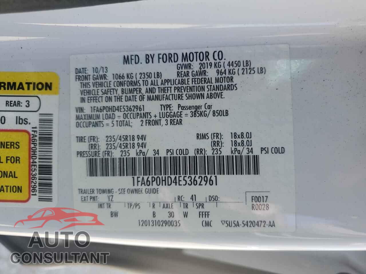 FORD FUSION 2014 - 1FA6P0HD4E5362961