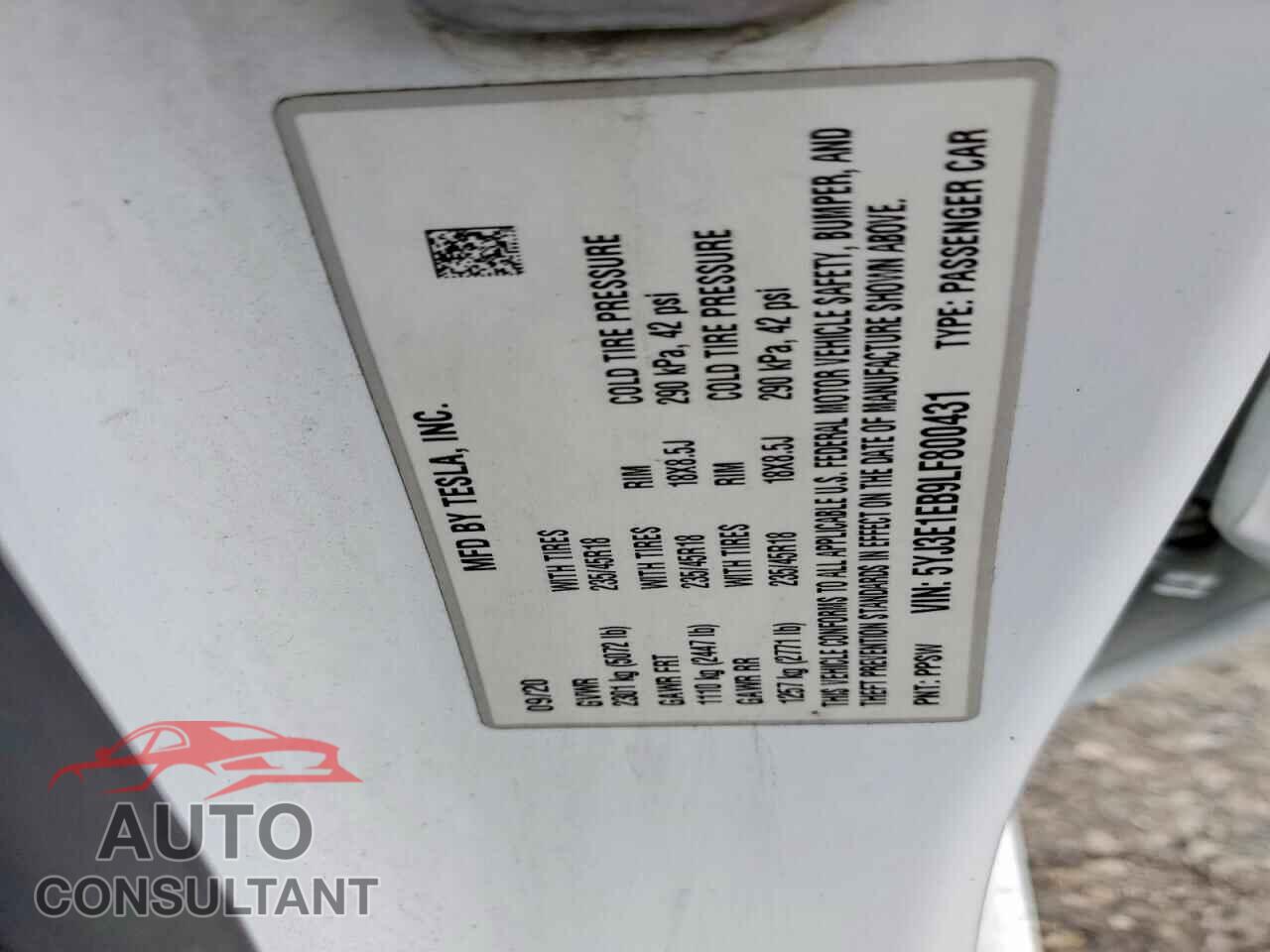 TESLA MODEL 3 2020 - 5YJ3E1EB9LF800431