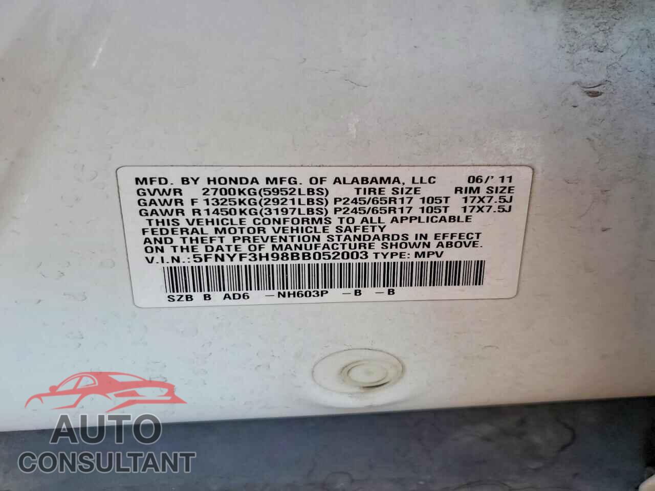 HONDA PILOT 2011 - 5FNYF3H98BB052003