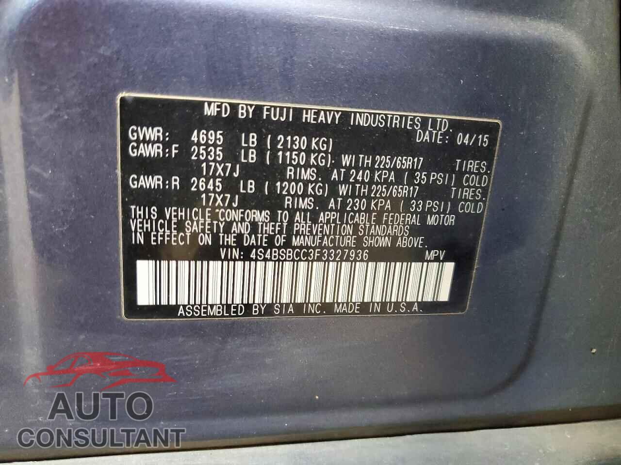 SUBARU OUTBACK 2015 - 4S4BSBCC3F3327936