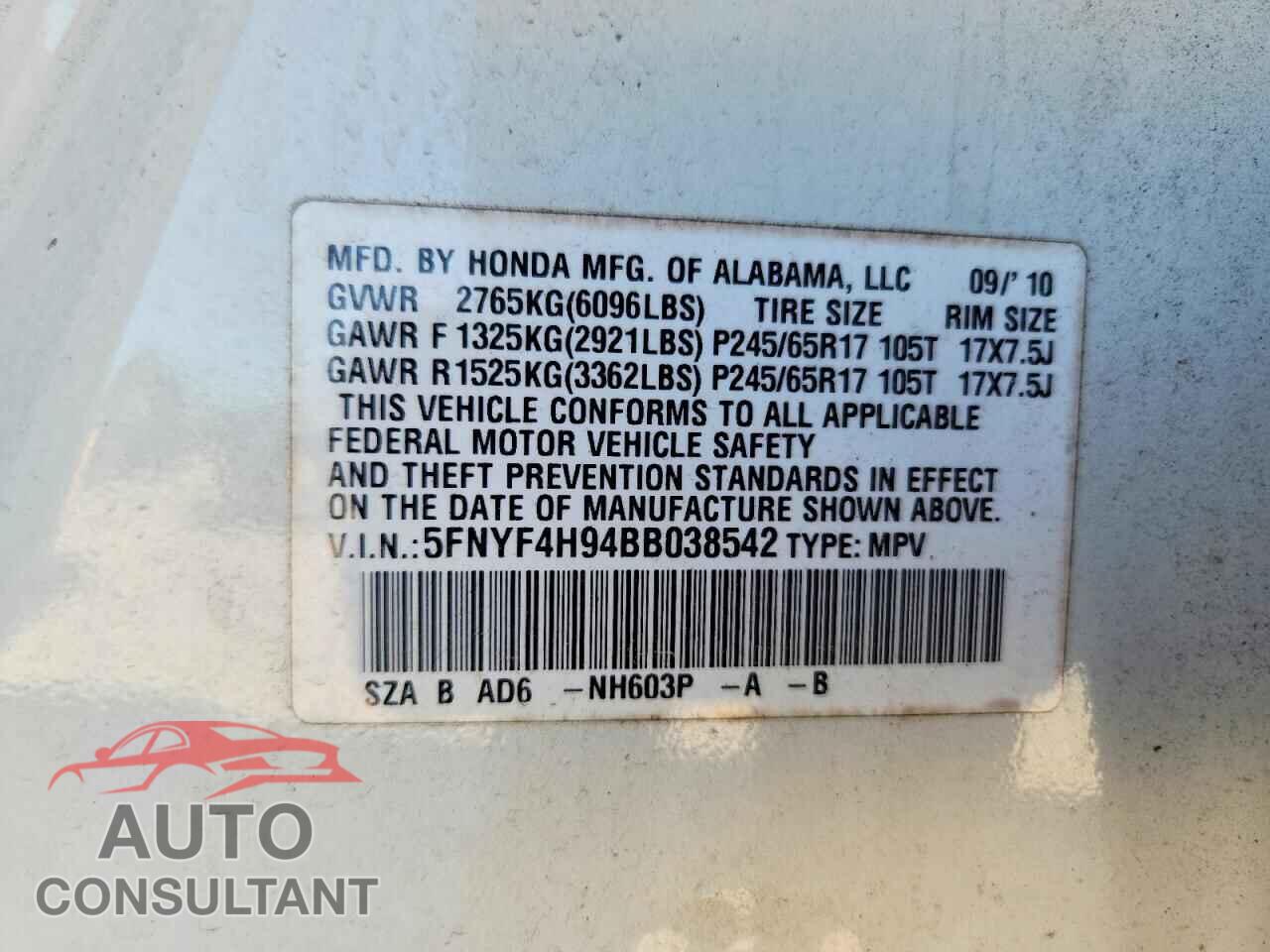 HONDA PILOT 2011 - 5FNYF4H94BB038542