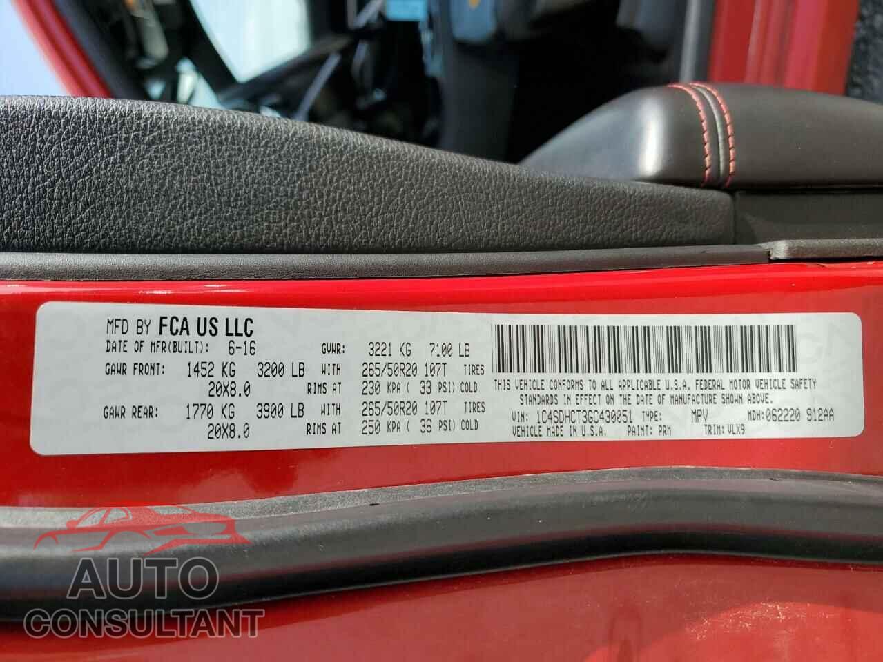 DODGE DURANGO 2016 - 1C4SDHCT3GC430051