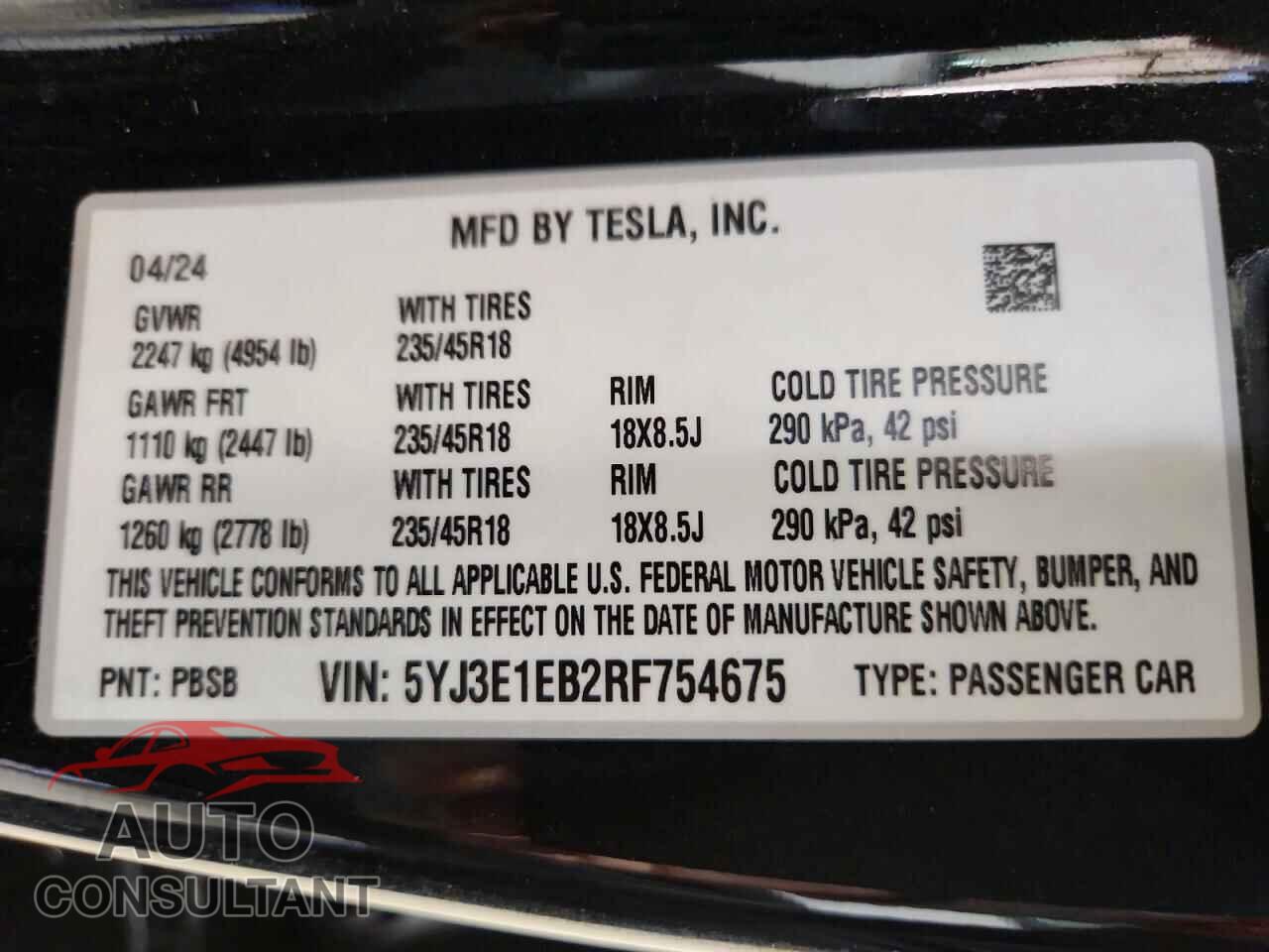 TESLA MODEL 3 2024 - 5YJ3E1EB2RF754675