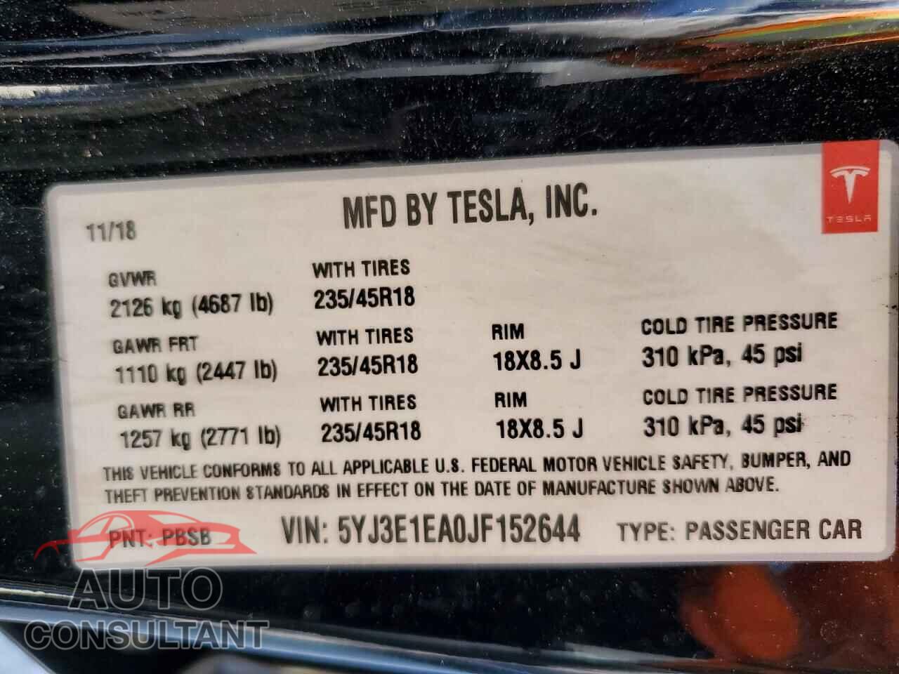 TESLA MODEL 3 2018 - 5YJ3E1EA0JF152644