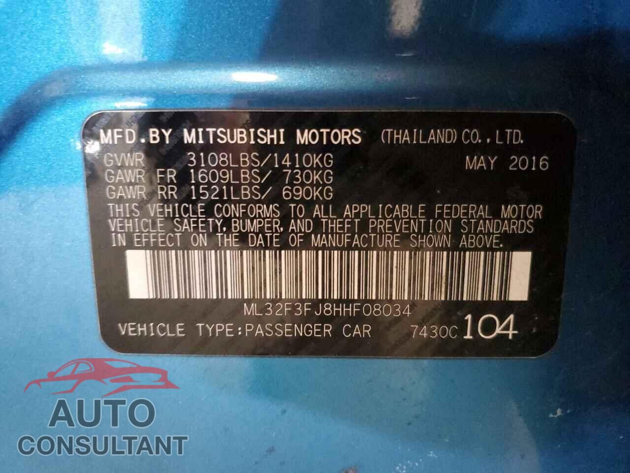 MITSUBISHI MIRAGE 2017 - ML32F3FJ8HHF08034