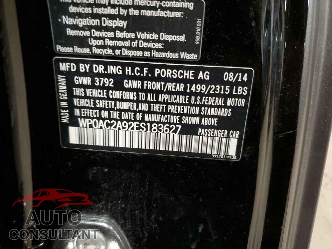 PORSCHE 911 2014 - WP0AC2A92ES183627