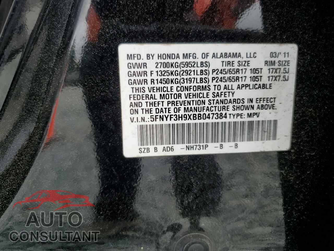 HONDA PILOT 2011 - 5FNYF3H9XBB047384
