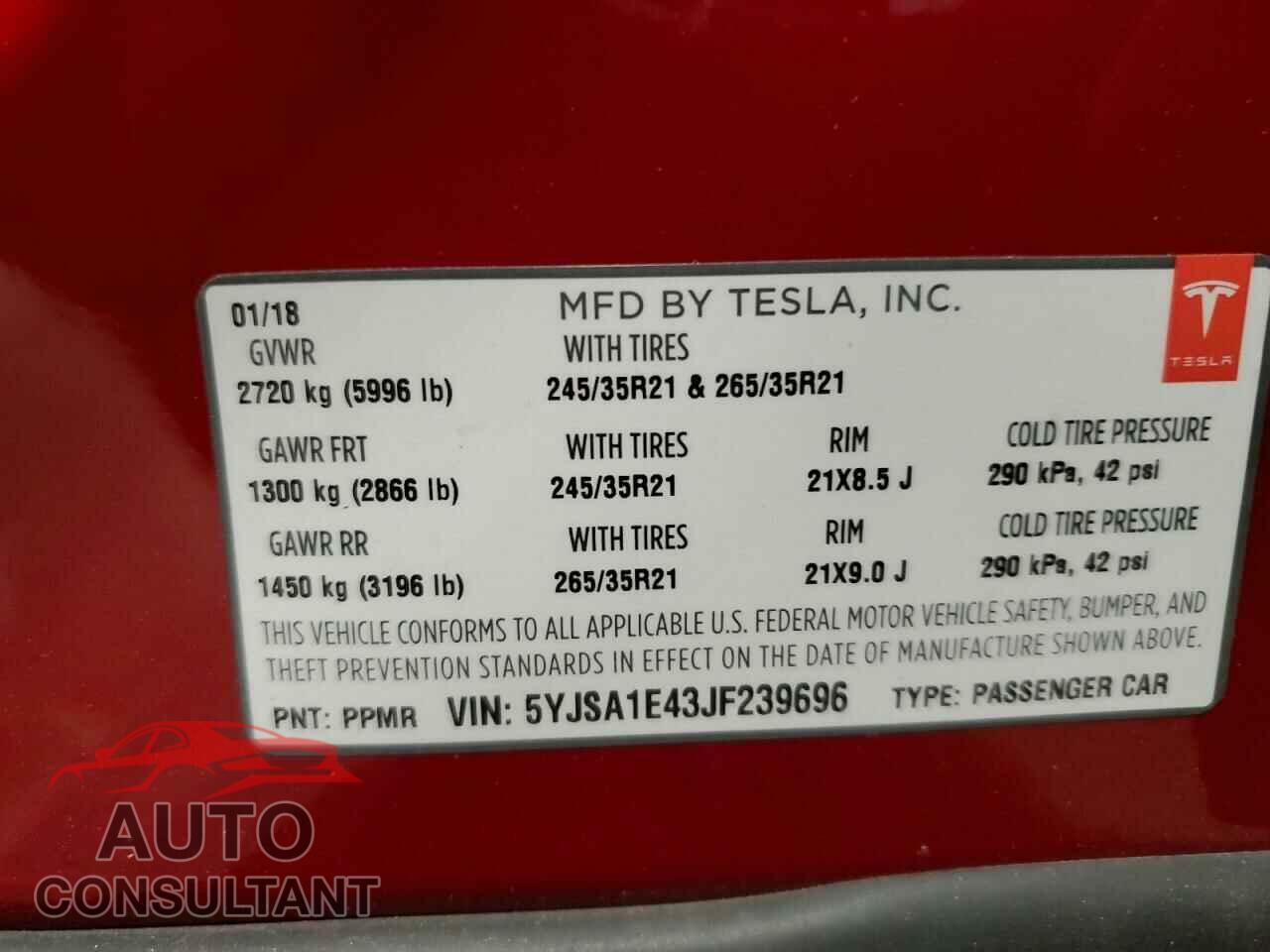 TESLA MODEL S 2018 - 5YJSA1E43JF239696