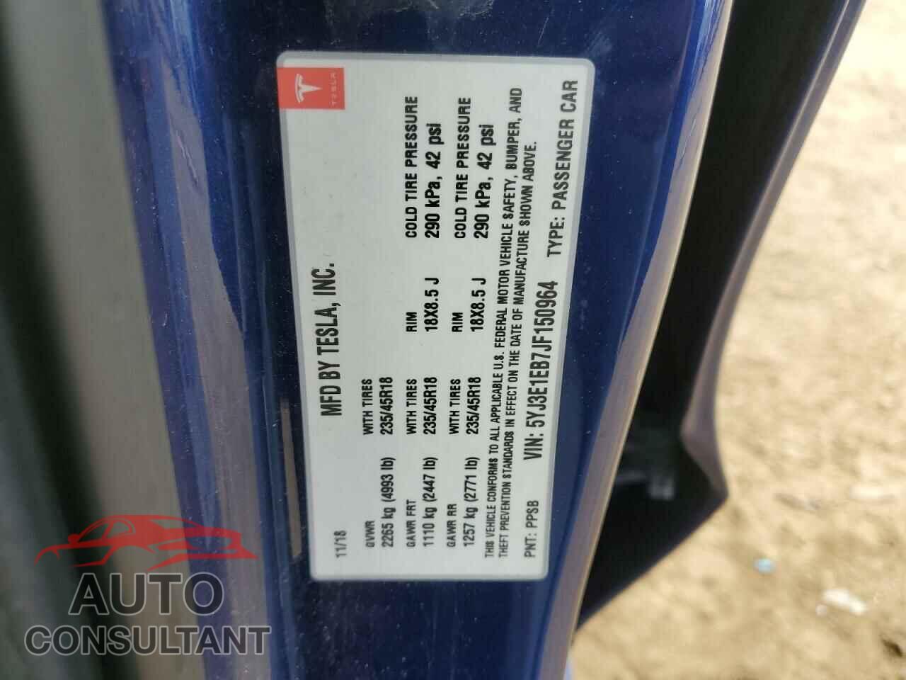 TESLA MODEL 3 2018 - 5YJ3E1EB7JF150964