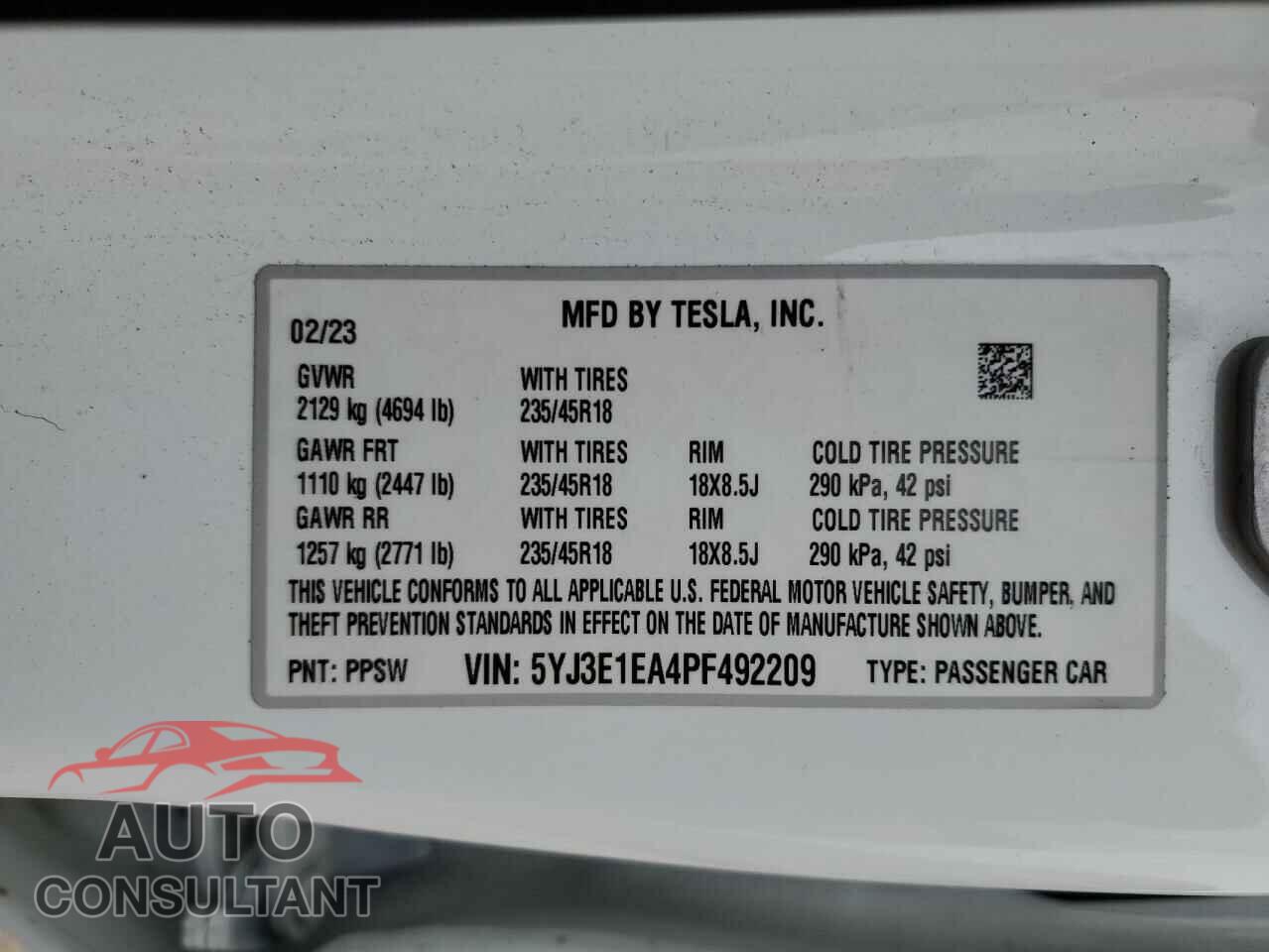 TESLA MODEL 3 2023 - 5YJ3E1EA4PF492209