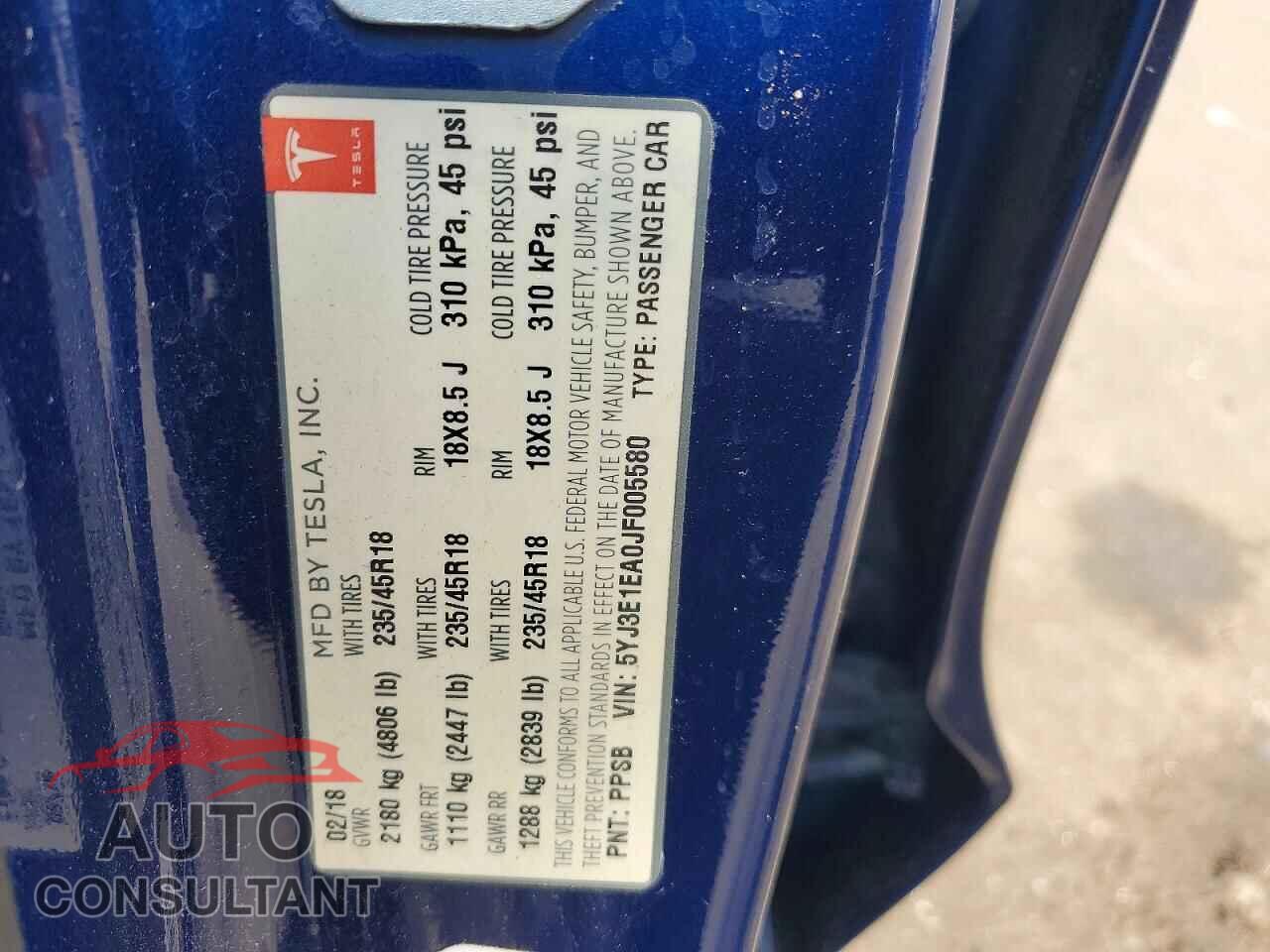 TESLA MODEL 3 2018 - 5YJ3E1EA0JF005580