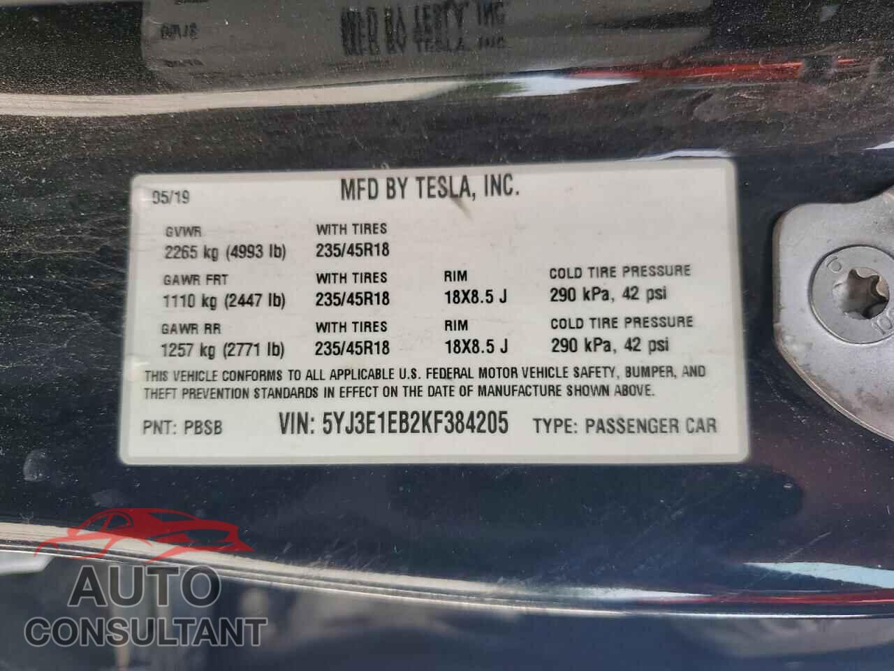TESLA MODEL 3 2019 - 5YJ3E1EB2KF384205