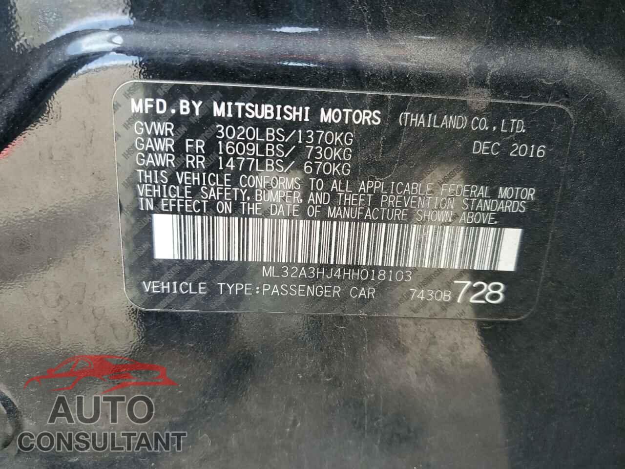 MITSUBISHI MIRAGE 2017 - ML32A3HJ4HH018103