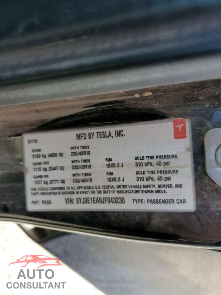 TESLA MODEL 3 2018 - 5YJ3E1EA9JF043230
