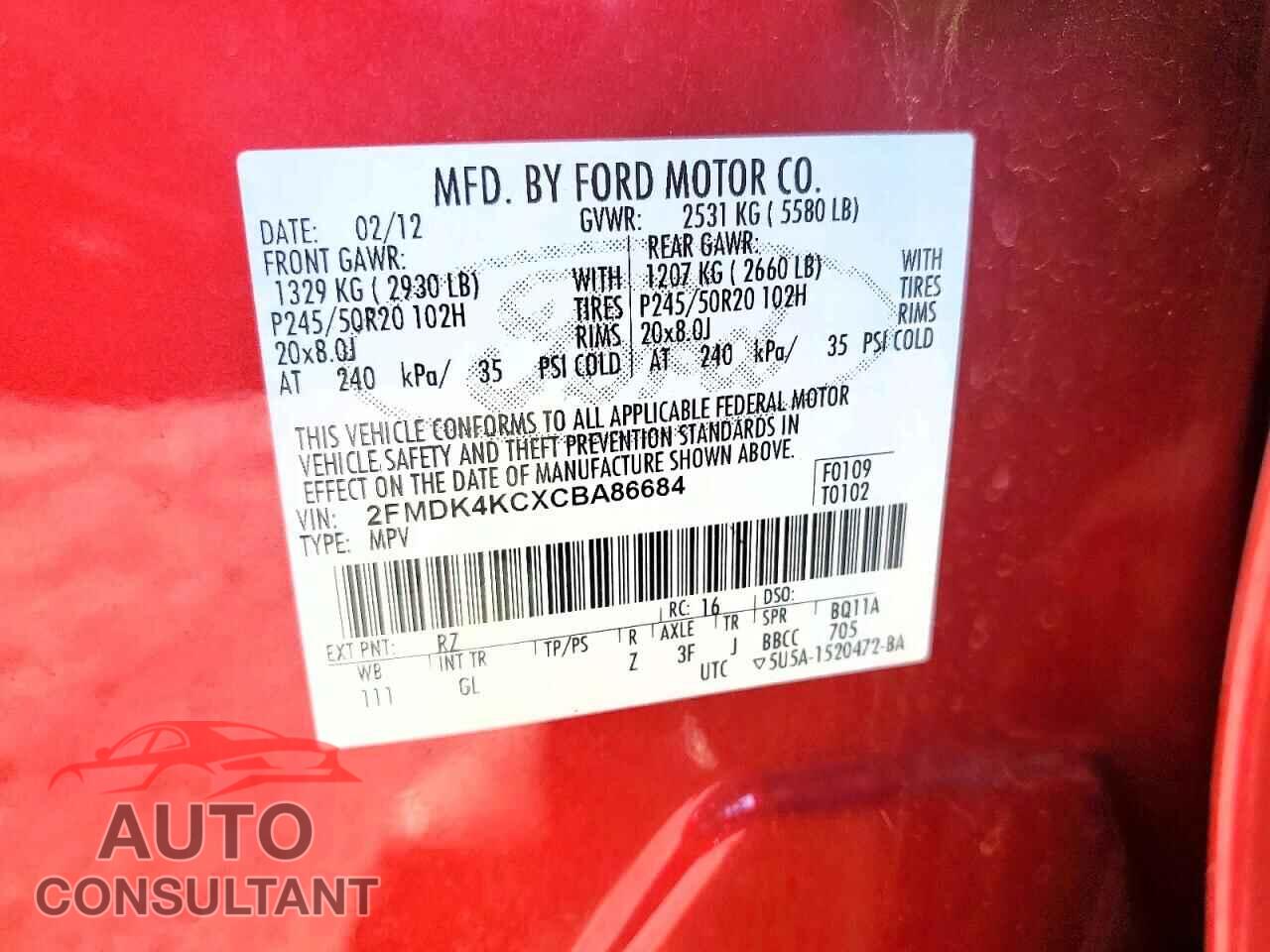 FORD EDGE 2012 - 2FMDK4KCXCBA86684