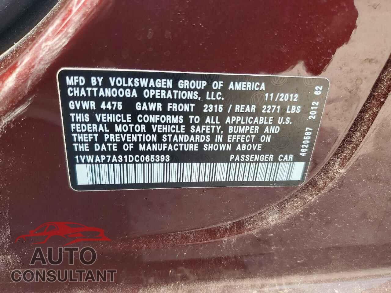 VOLKSWAGEN PASSAT 2013 - 1VWAP7A31DC065393