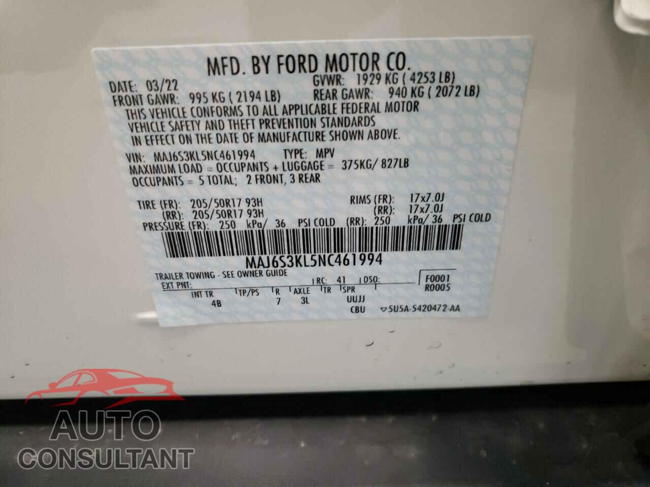 FORD ECOSPORT 2022 - MAJ6S3KL5NC461994