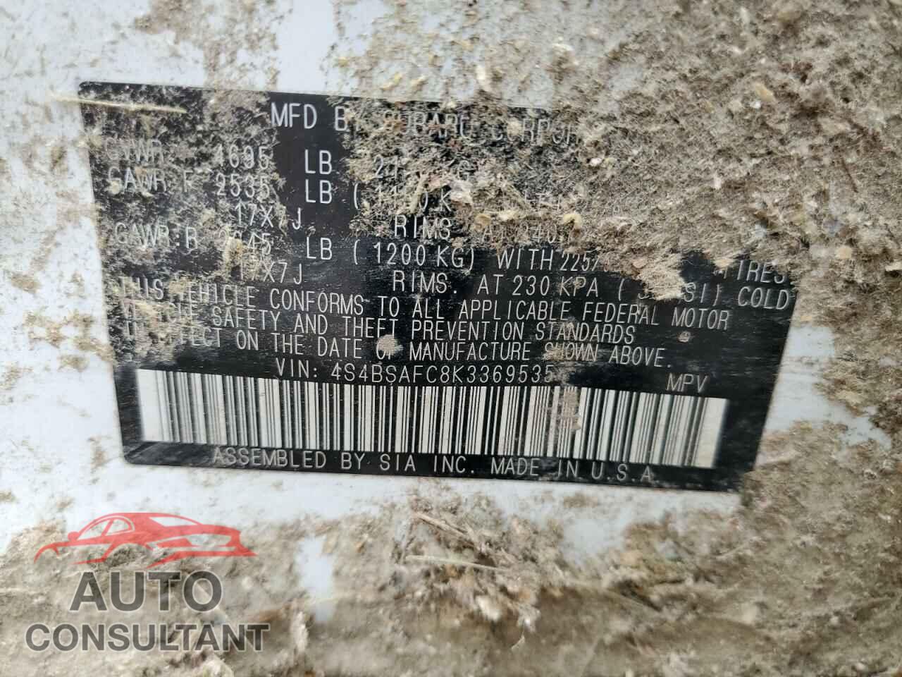 SUBARU OUTBACK 2019 - 4S4BSAFC8K3369535