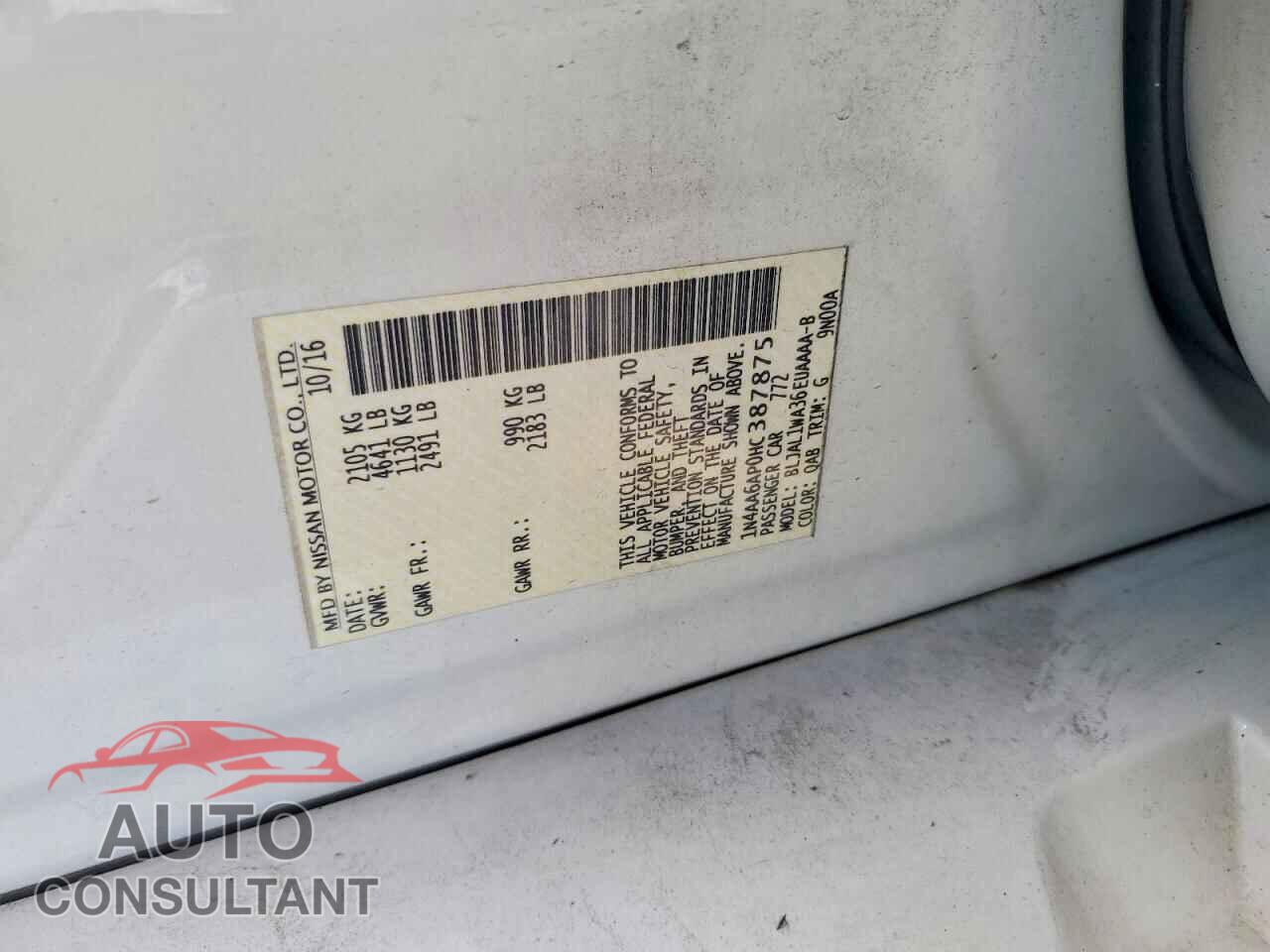 NISSAN MAXIMA 2017 - 1N4AA6AP0HC387875