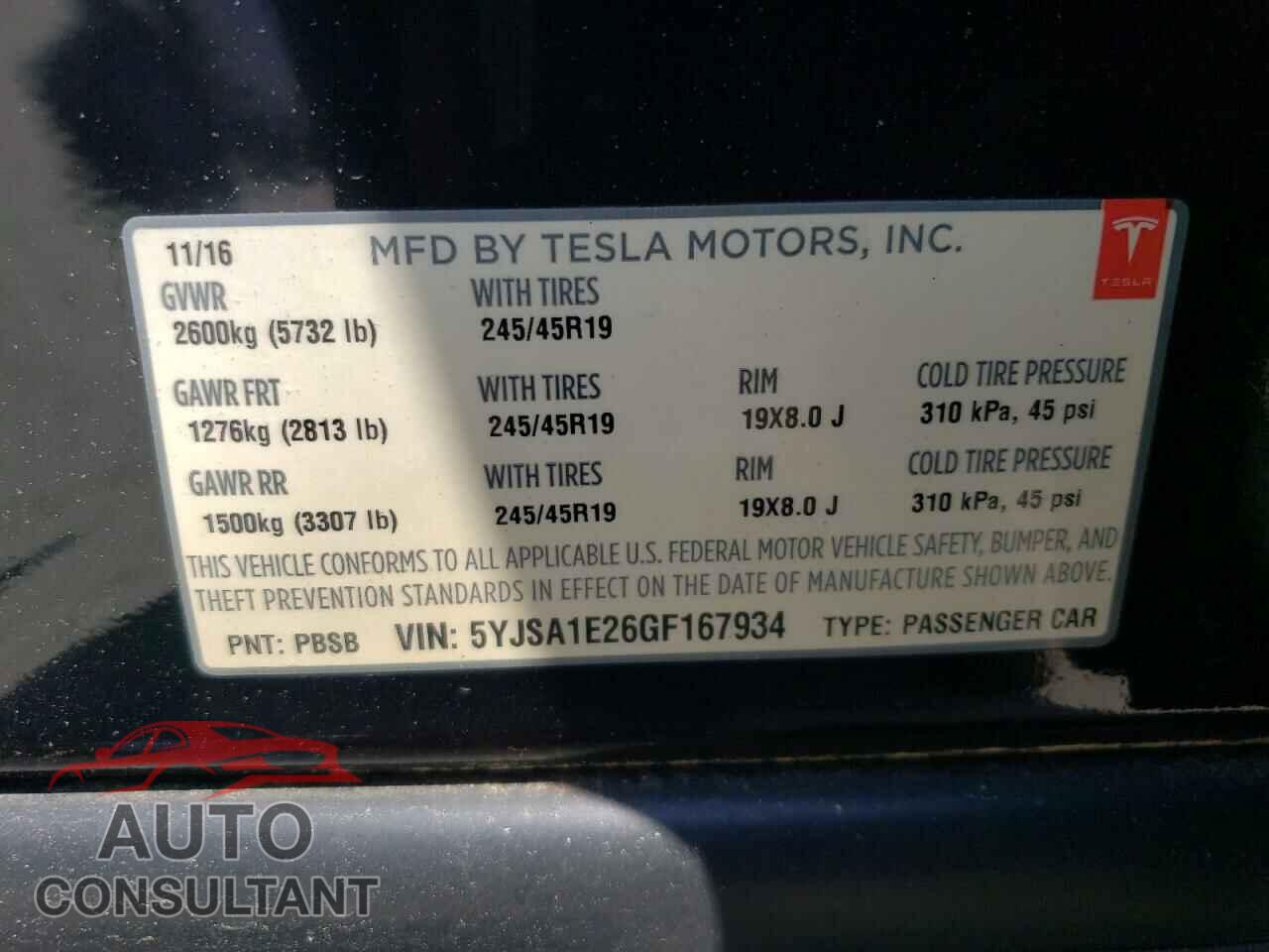 TESLA MODEL S 2016 - 5YJSA1E26GF167934