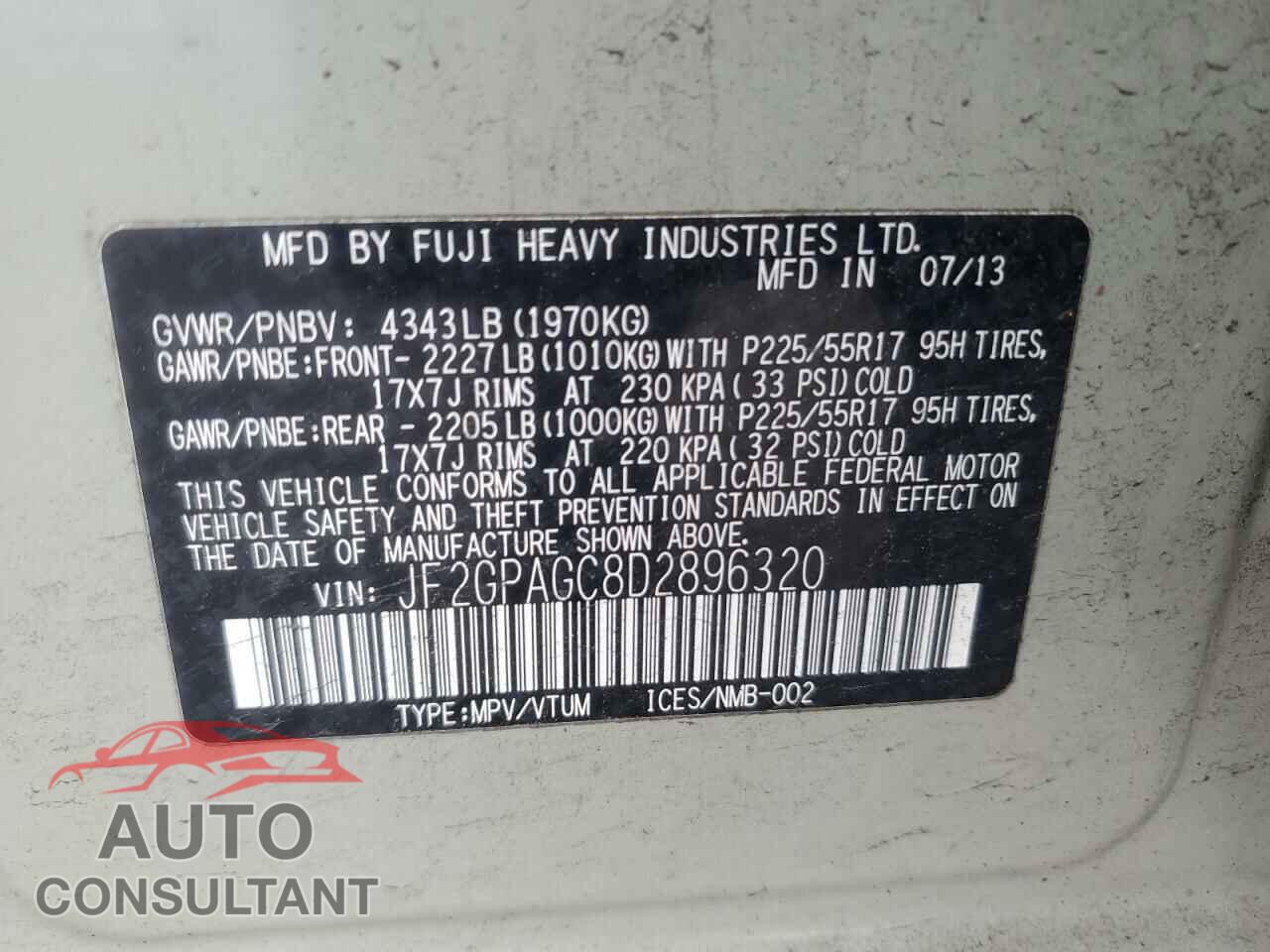 SUBARU XV 2013 - JF2GPAGC8D2896320