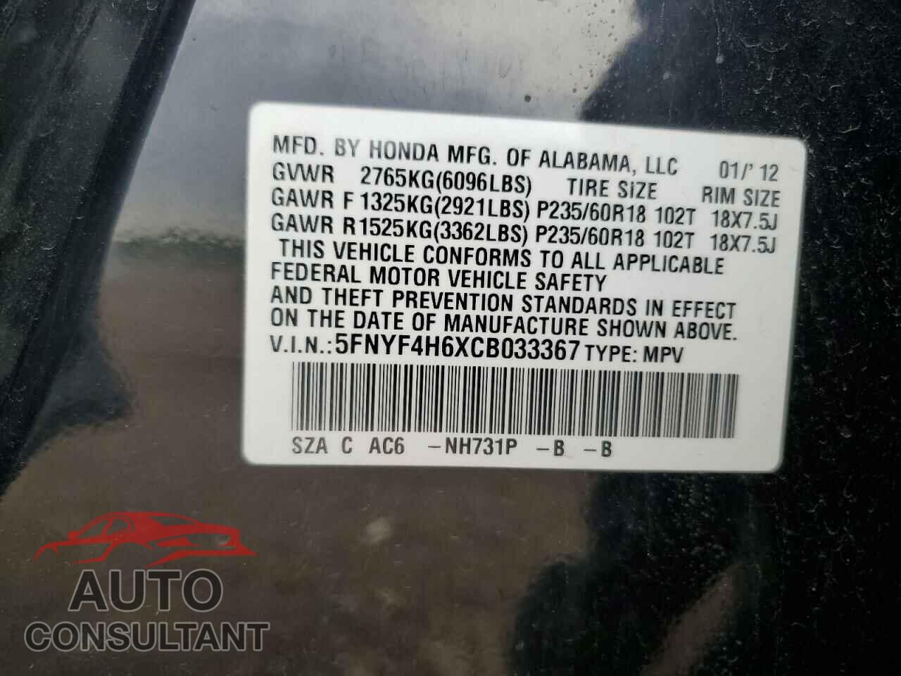 HONDA PILOT 2012 - 5FNYF4H6XCB033367