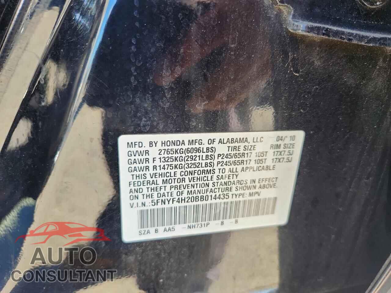 HONDA PILOT 2011 - 5FNYF4H20BB014435