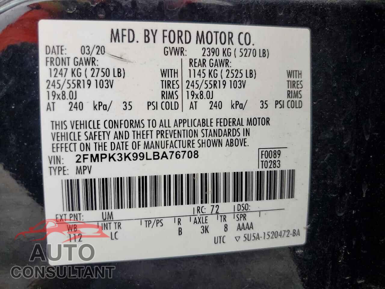 FORD EDGE 2020 - 2FMPK3K99LBA76708