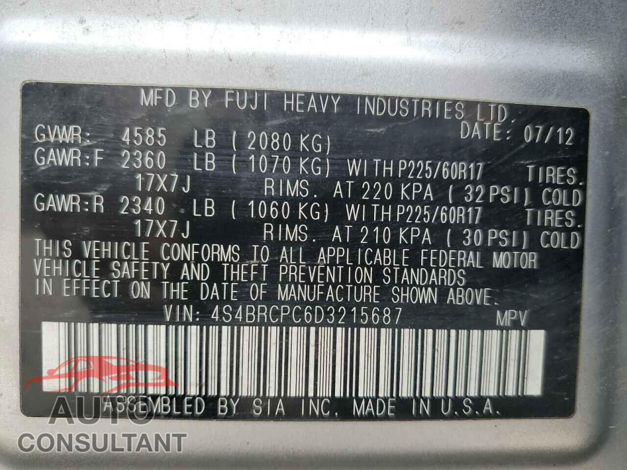 SUBARU OUTBACK 2013 - 4S4BRCPC6D3215687