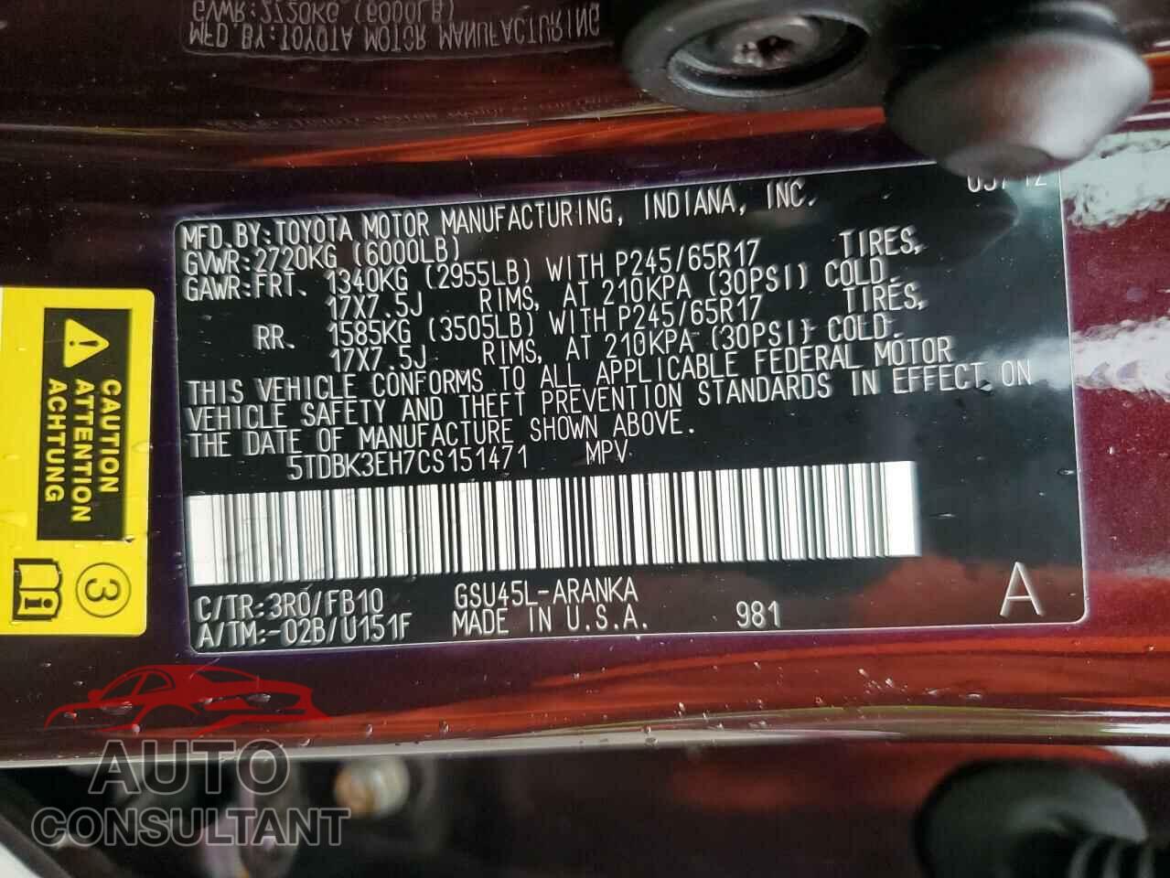 TOYOTA HIGHLANDER 2012 - 5TDBK3EH7CS151471