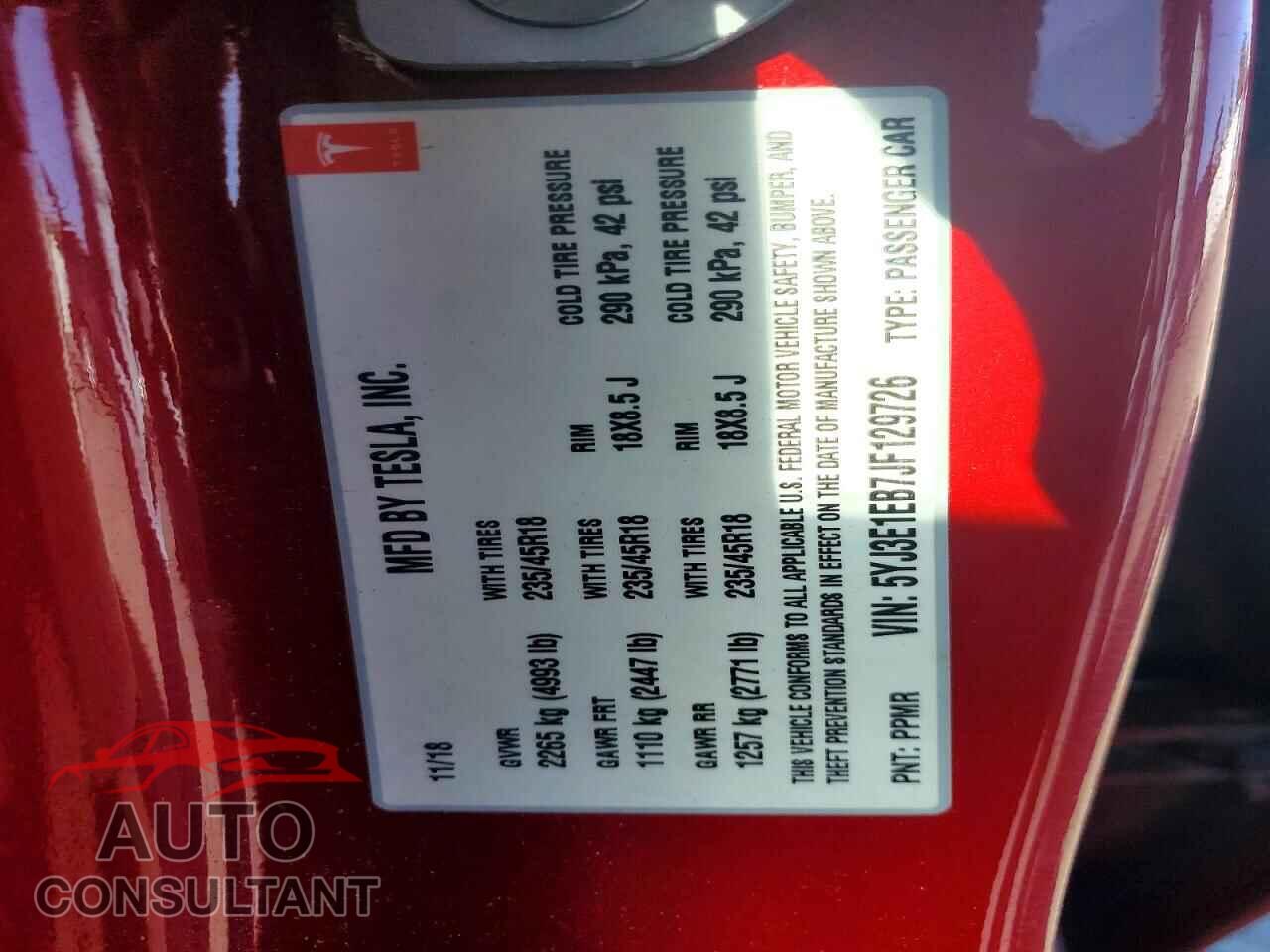 TESLA MODEL 3 2018 - 5YJ3E1EB7JF129726