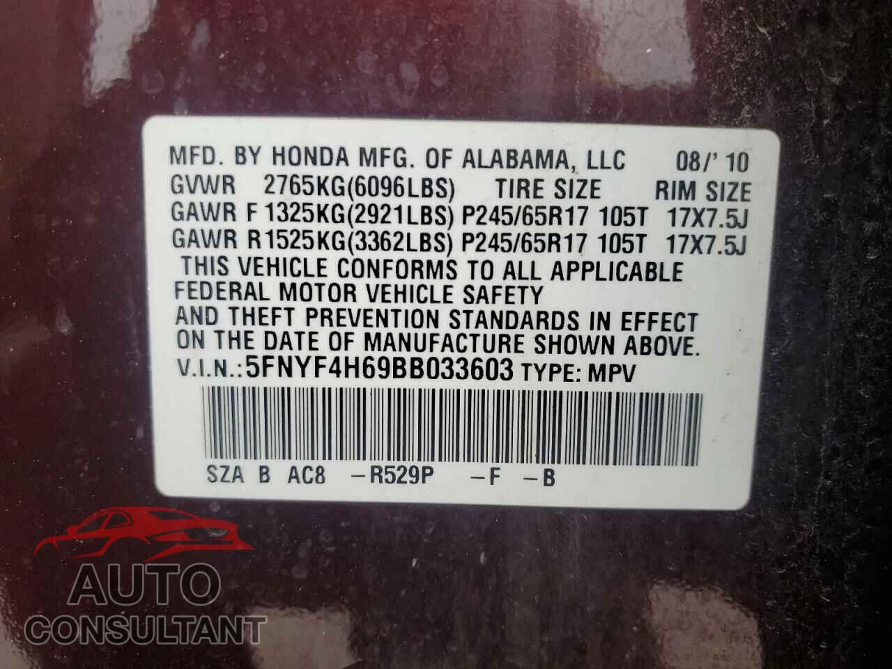 HONDA PILOT 2011 - 5FNYF4H69BB033603