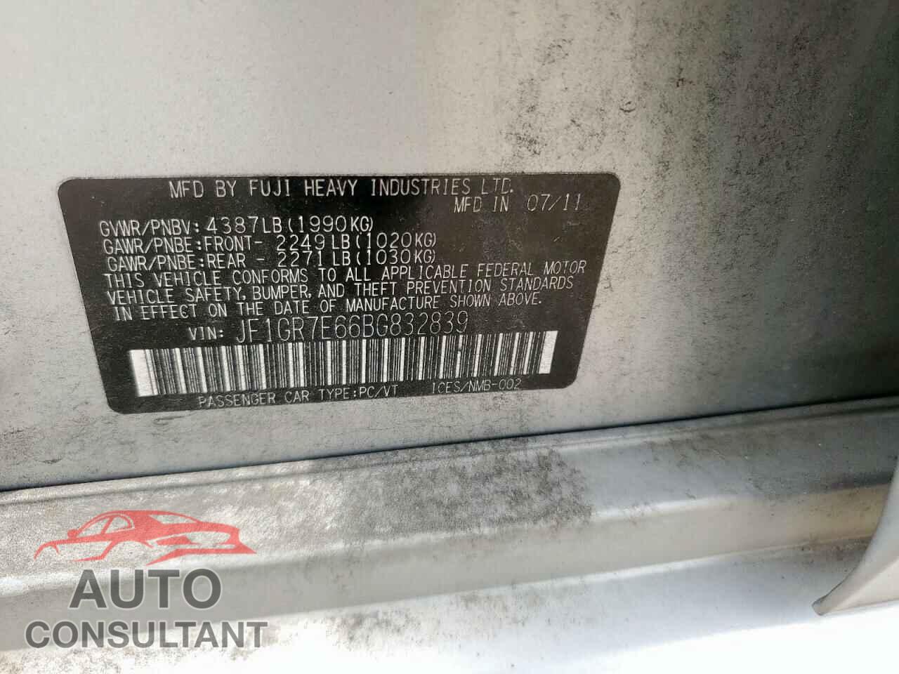 SUBARU WRX 2011 - JF1GR7E66BG832839