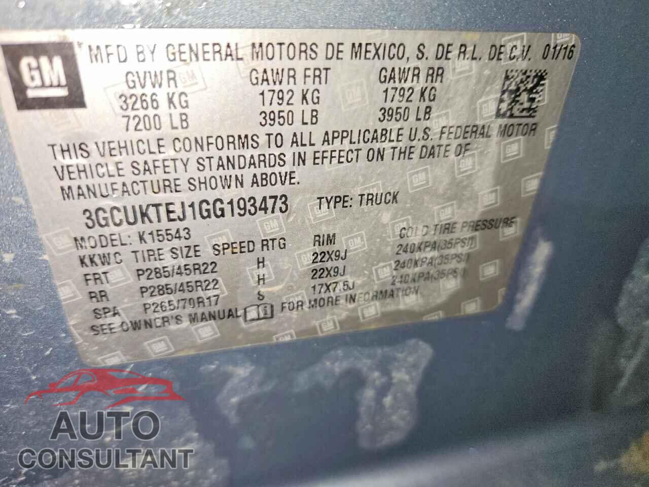 CHEVROLET SILVERADO 2016 - 3GCUKTEJ1GG193473