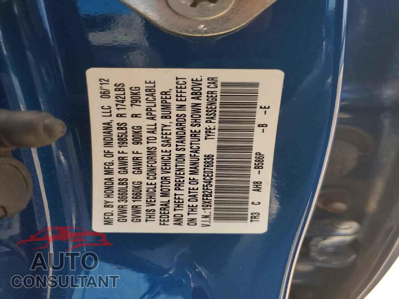 HONDA CIVIC 2012 - 19XFB2F54CE076836