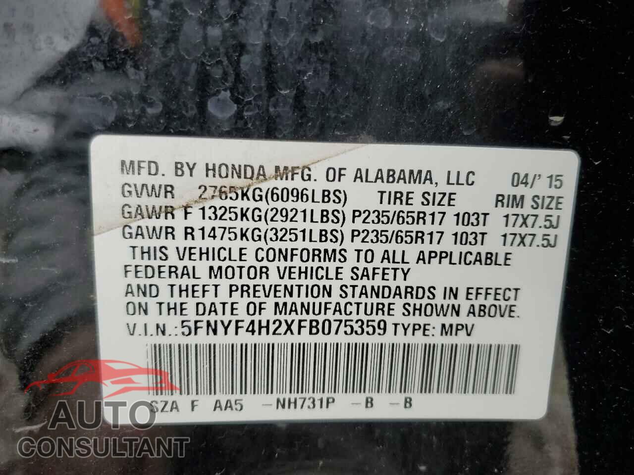 HONDA PILOT 2015 - 5FNYF4H2XFB075359