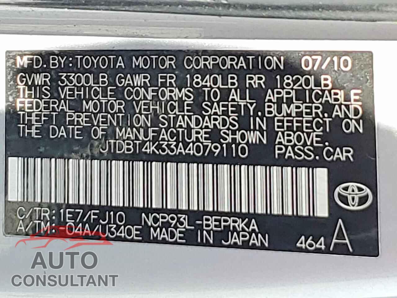 TOYOTA YARIS 2010 - JTDBT4K33A4079110