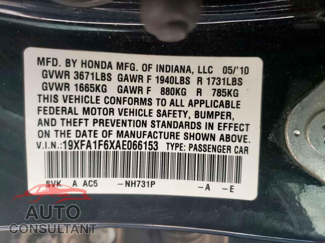 HONDA CIVIC 2010 - 19XFA1F6XAE066153