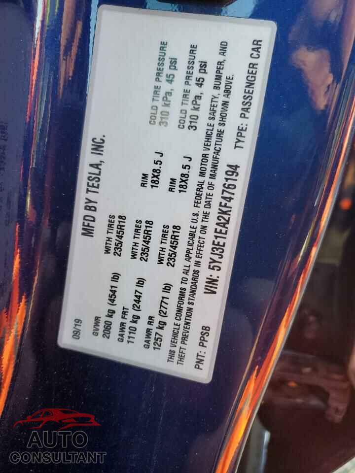 TESLA MODEL 3 2019 - 5YJ3E1EA2KF476194