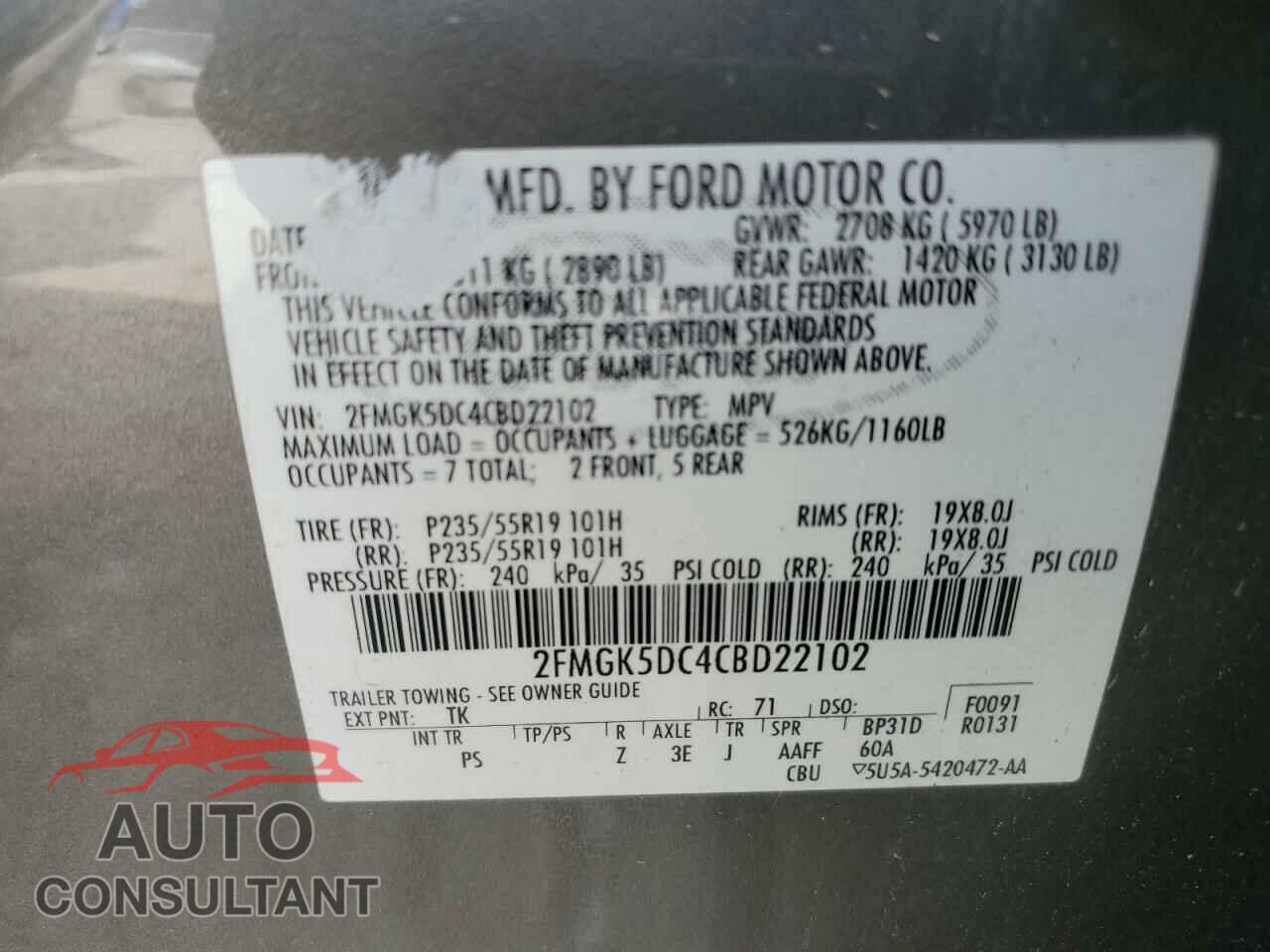 FORD FLEX 2012 - 2FMGK5DC4CBD22102