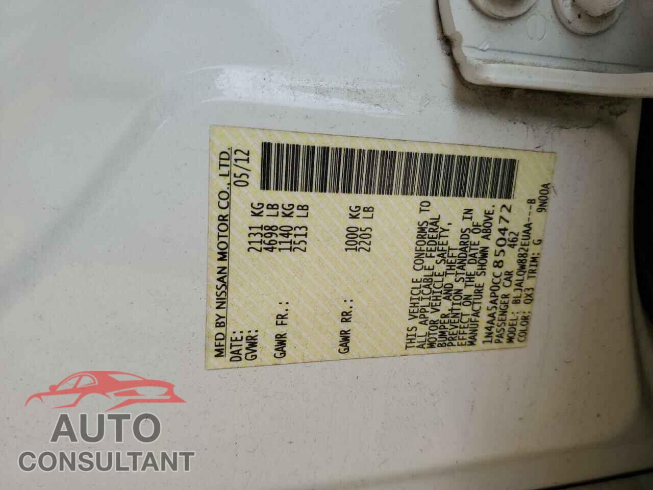 NISSAN MAXIMA 2012 - 1N4AA5AP0CC850472