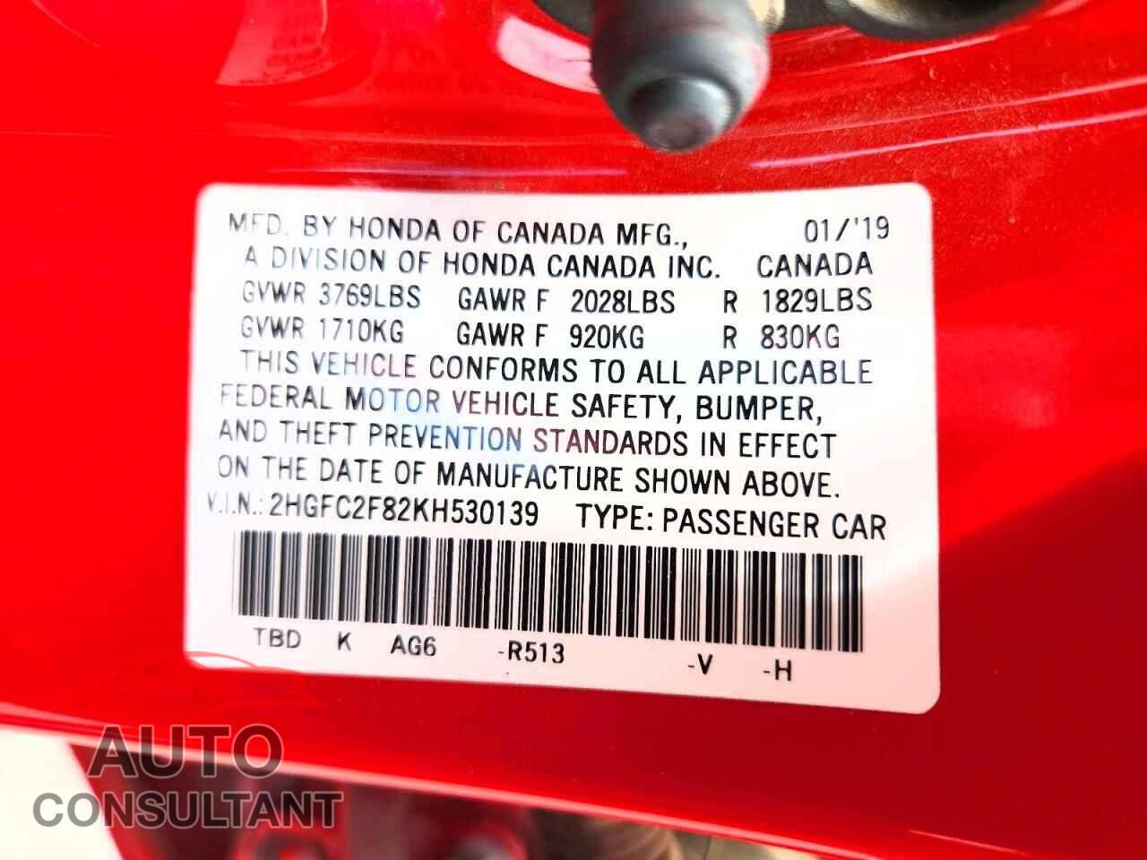 HONDA CIVIC 2019 - 2HGFC2F82KH530139