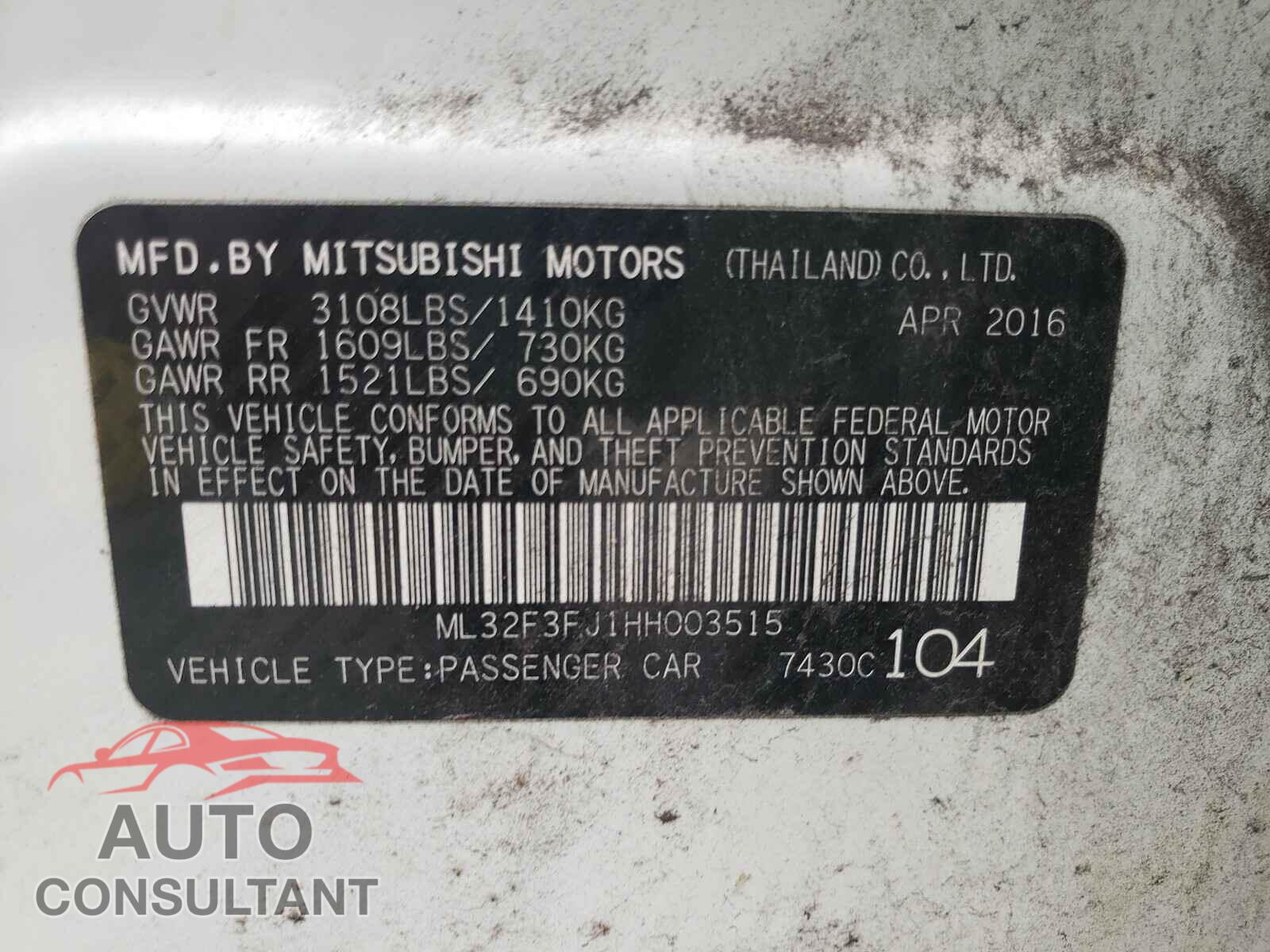 MITSUBISHI MIRAGE 2017 - ML32F3FJ1HH003515