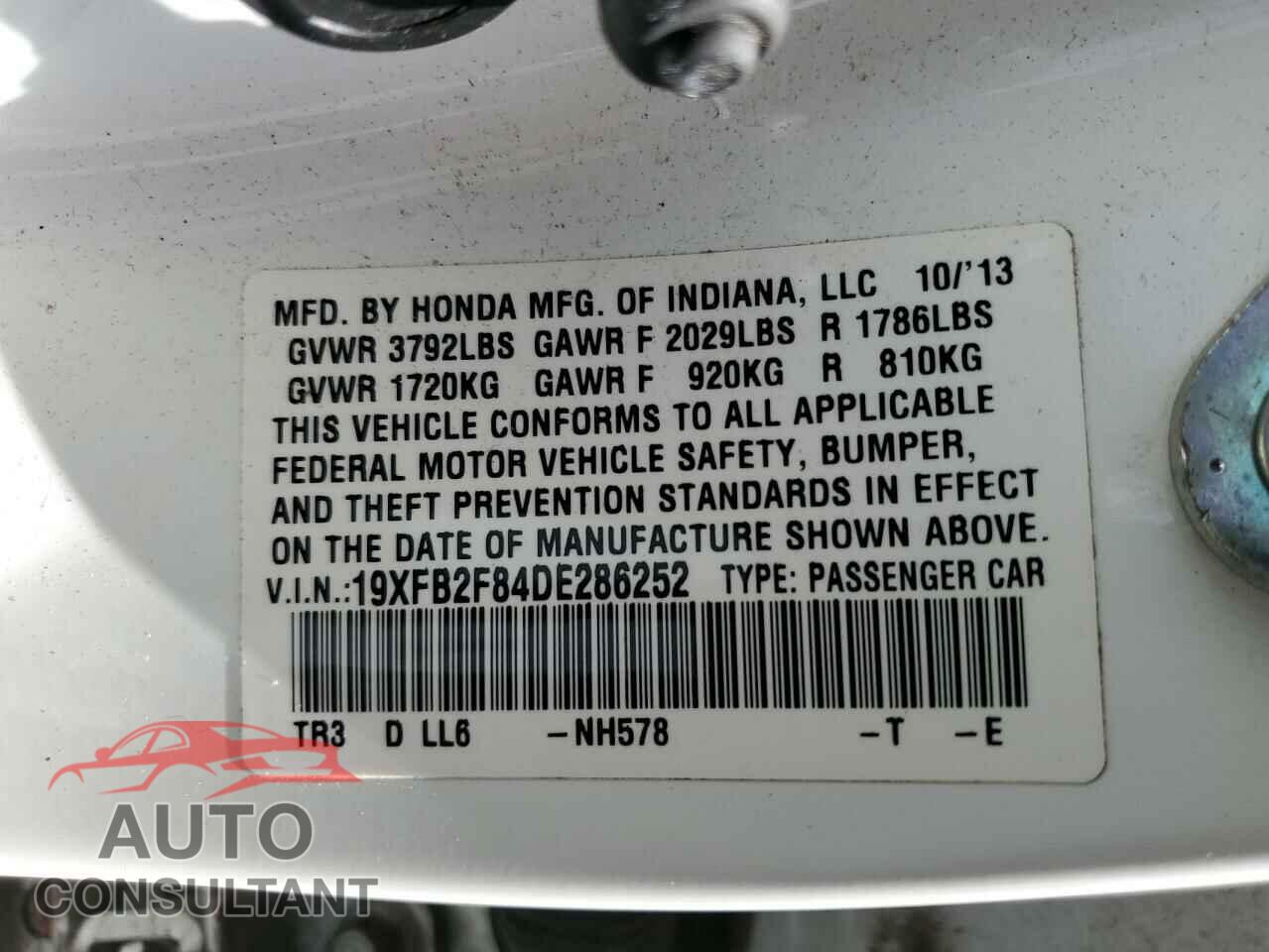 HONDA CIVIC 2013 - 19XFB2F84DE286252