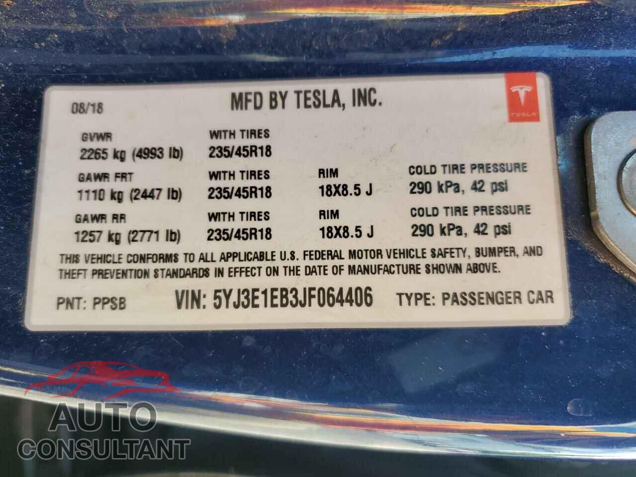 TESLA MODEL 3 2018 - 5YJ3E1EB3JF064406