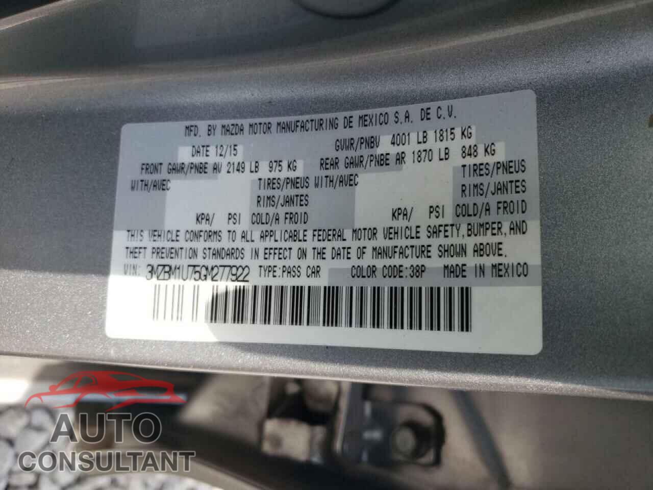 MAZDA 3 2016 - 3MZBM1U75GM277922