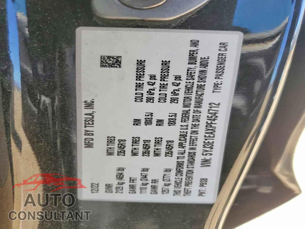 TESLA MODEL 3 2023 - 5YJ3E1EAXPF454712