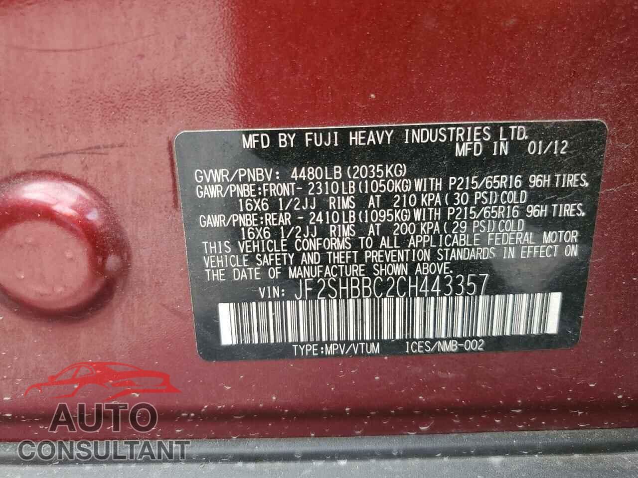 SUBARU FORESTER 2012 - JF2SHBBC2CH443357