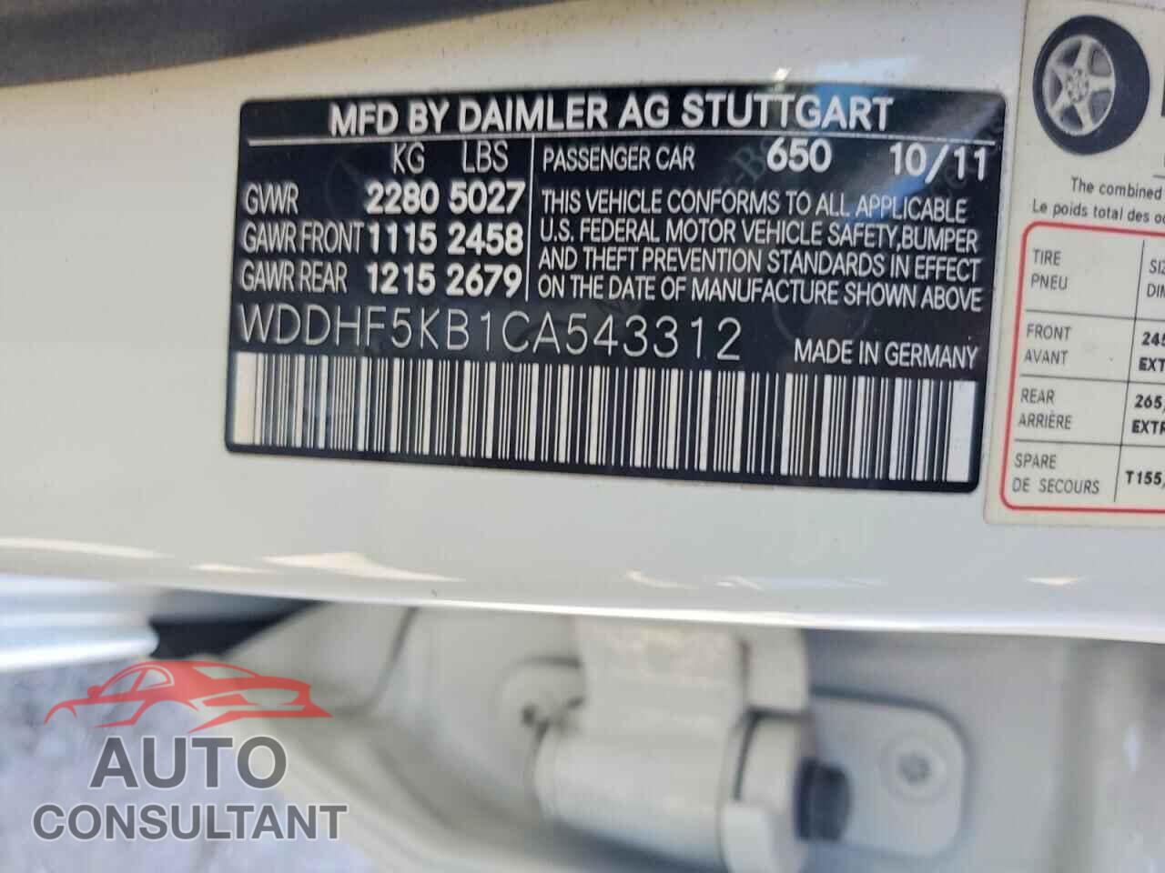 MERCEDES-BENZ E-CLASS 2012 - WDDHF5KB1CA543312